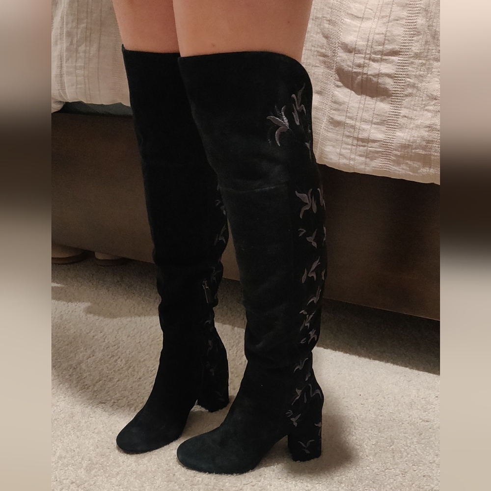 Kenneth Cole Claire Over-the-Knee Floral Embroidered Black Suede Boots Y2K Retro